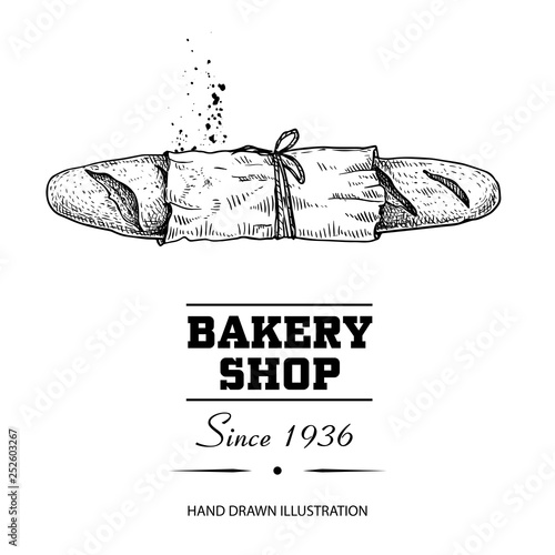 Baguette bread in paper top view sketch drawing. Hand drawn sketch style bakery shop product. Fresh morning baked food vector illustration for menu design, labels and packaging.