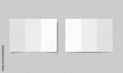 Blank white tri folded brochure mockup. Open booklet isolated