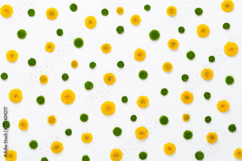 Fototapeta Naklejka Na Ścianę i Meble -  Flowers composition. Pattern made of yellow flowers on white background. Flat lay, top view.