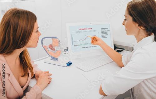 patient consults with her fertility specialist and looking to the ovulation cycle on the computer. basal temperature