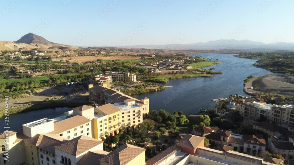 Aerial view of the beautiful landscape and building along the Lake Las Vegas Aerial view of the beautiful landscape and building along the Lake Las Vegas