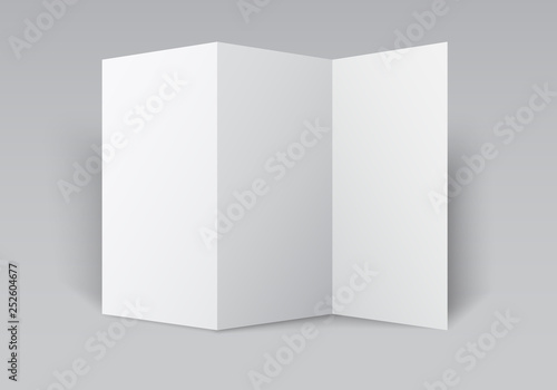Blank white tri folded brochure mockup. Open booklet isolated.