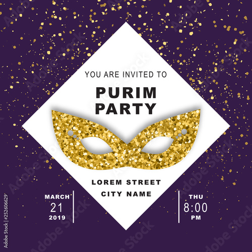 Purim Party, jewish celebration party invitation, vector illustration. Carnival mask made of gold glitter, golden confetti flying in the air and text on trendy purple background.