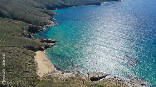 Aerial drone photo of beautiful sandy beach of Kalo Ampeli with deep emerald sea in island of Serifos at spring, Cyclades, Greece photo