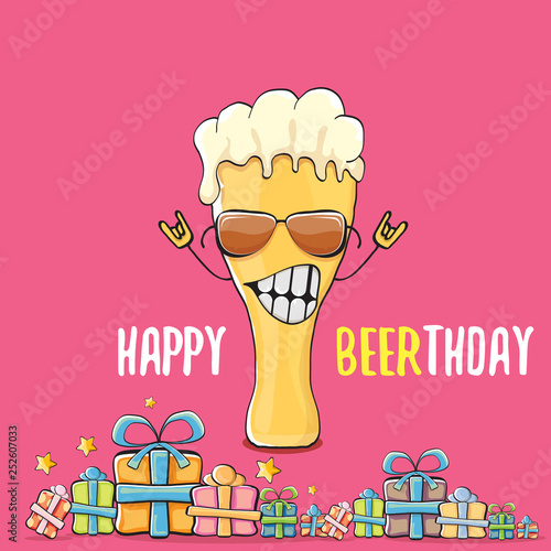 Happy Beerthday vector greeting card or print. Happy birthday party celebration poster with funky beer character and gifts
