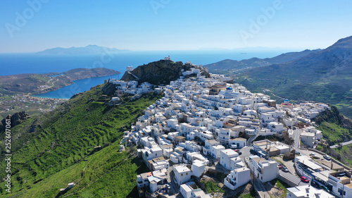 Aerial drone photo of picturesque main village or hora of Serifos island with breathtaking view to the Aegean sea in spring, Cyclades islands, Greece photo