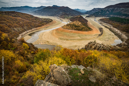 Meanders of Arda river, Kardzhali dam, Bulgaria in autumn with low water level.