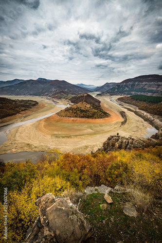 Meanders of Arda river, Kardzhali dam, Bulgaria in autumn with low water level.