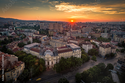 High Angle View Of City At Sunset photo