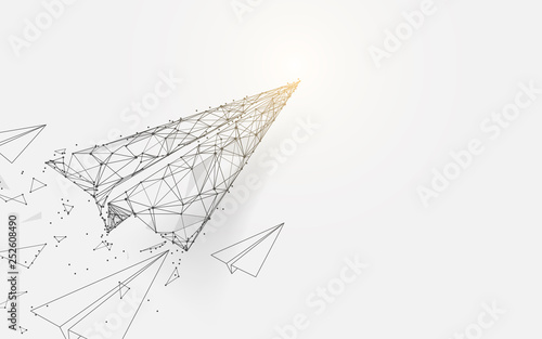 Paper airplanes flying from lines, triangles and particle style design. Illustration vector