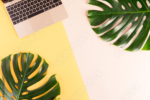 Flat lay and top view of woman desk with laptop, decorated with palm leaf. Fe...