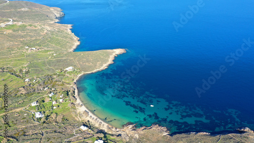 Fototapeta Naklejka Na Ścianę i Meble -  Aerial drone photo of beautiful sandy beach with deep turquoise sea of Psili Amos in island of Serifos at spring, Cyclades, Greece