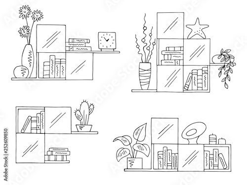 Shelves set graphic black white isolated sketch illustration vector