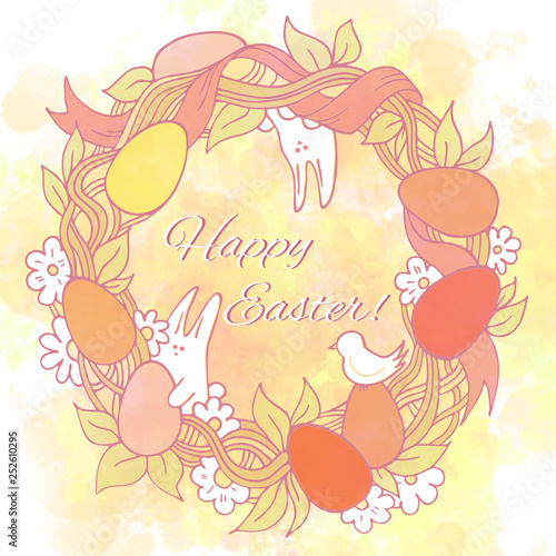 Decorative Easter wreath. White bunny, flowers and red, orange, yellow eggs. Watercolor design print. Elegant holiday greeting card. Spring symbol with white flowers and a bird. Happy Easter text