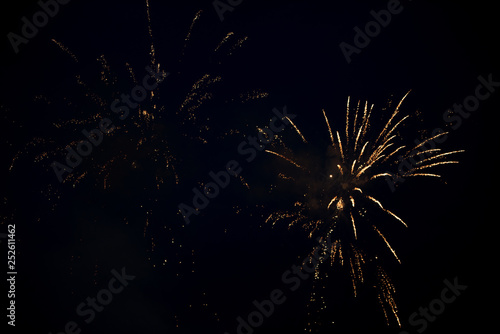 One bright colorful fireworks explosion in the sky. Beautiful pyrotechnics sparkling with effects