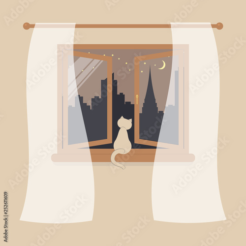 Wooden window with tulle as design element for interior of room on cream background. Night city scene or cityscape is outside. Cat sit on windowsill and looking in the open window.Vector illustration
