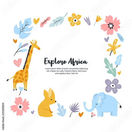 Hand drawn square frame with african animals