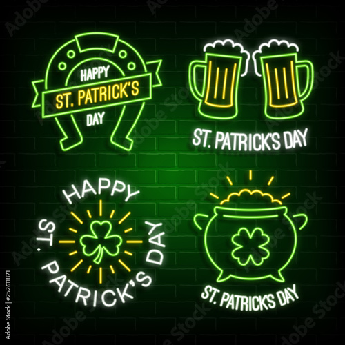 St Patrick's day neon glowing labels. Vector shining badges with holiday symbols. Horseshoe, beer mugs, leprechaun's pot and shamrock. Vintage logos and green brick wall background.