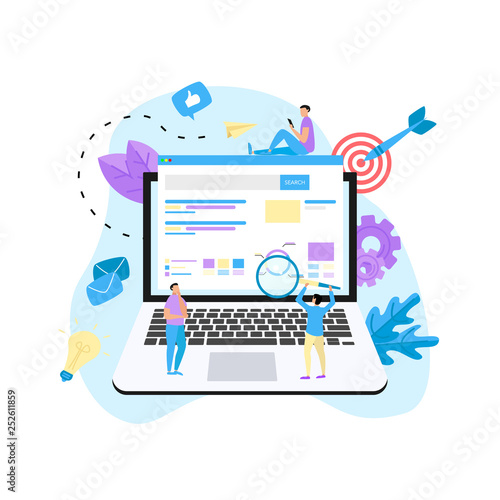 Seo analysis with search and magnifier on laptop. Business concept