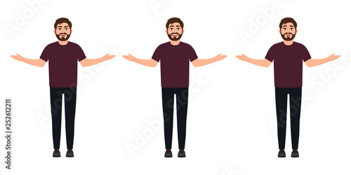 A man spreads his arms, shows different emotions, angry, happy, frustrated, gestures of a hands, character in a cartoon style vector illustration