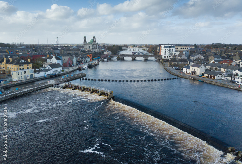 Drone shot of Shannon's river falls in Athlone city, Ireland