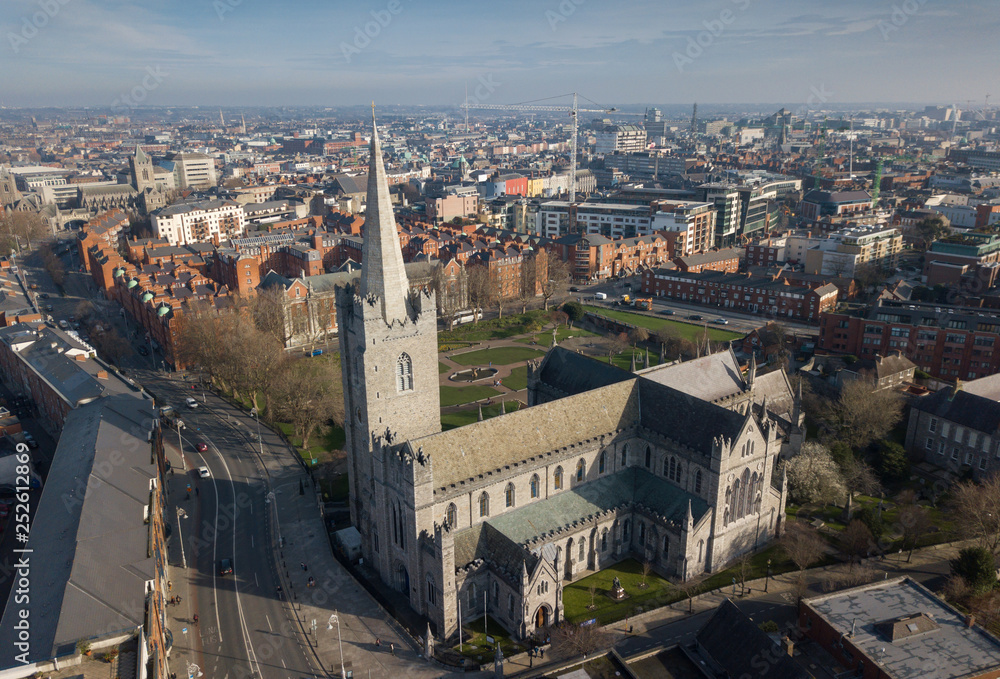 Drone shot of St.Patrick's Cathedral. Dublin, Ireland. February 2019