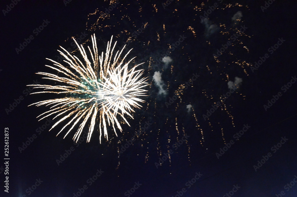 Fototapeta premium fireworks, night, celebration, light, firework, explosion, abstract, holiday, sky, star, fire, black, celebrate, party, blue, christmas, new, dark, stars, fiber, bright, space, burst, event, festival