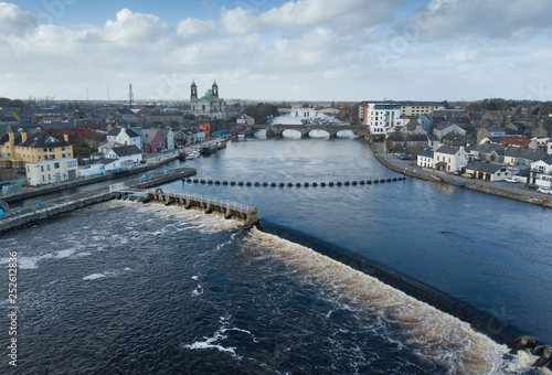 Drone shot of Shannon's river falls in Athlone city, Ireland