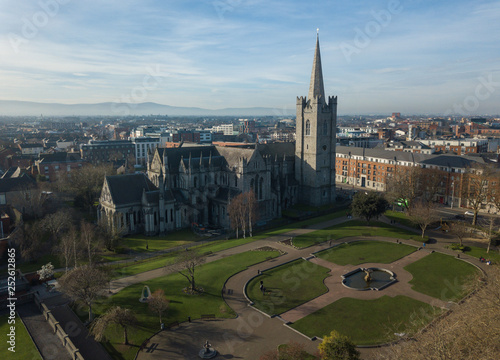 Drone shot of St.Patrick's Cathedral. Dublin, Ireland. February 2019