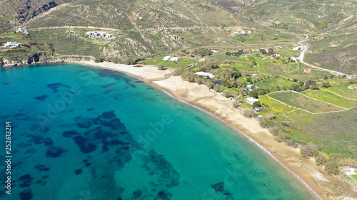 Aerial drone photo of beautiful sandy beach with deep turquoise sea of Vagia in island of Serifos at spring, Cyclades, Greece