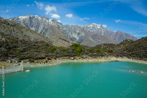 scenic view over Blue Lakes in Aoraki/Mount Cook National Park, South Island of New Zealand