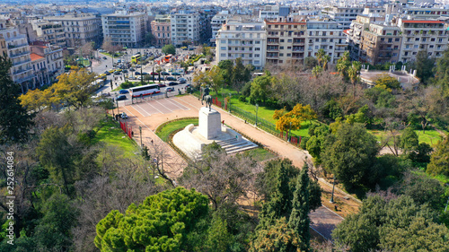 Aerial photo of statue of King Constantine of Greece in famous Park of Pedion Areos, Athens historic centre, Attica
