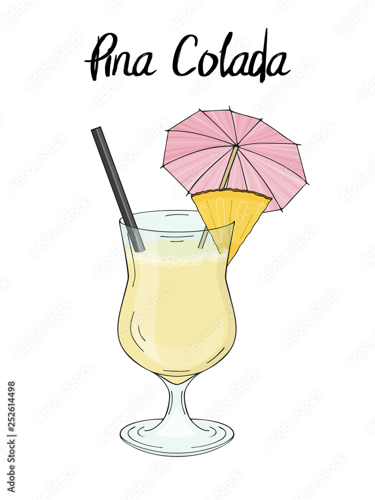 Pina Colada cocktail, with pineapple decorations, umbrella, sraw. For