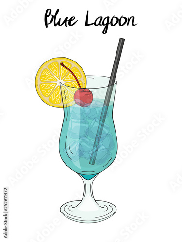 Blue lagoon cocktail, with lemon decorations, cherry and straw. For cafe and restaurant menu, packaging and advertisement. Hand drawn. Isolated image. Vector illustration.
