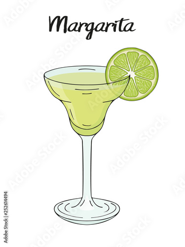 Margarita cocktail, with lime decorations. For cafe and restaurant menu, packaging and advertisement. Hand drawn. Isolated image. Vector illustration.
