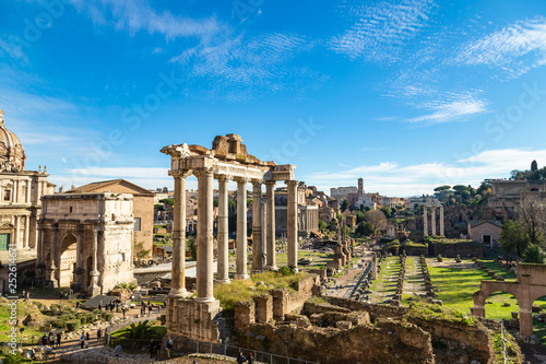 Ancient ruins of Forum in a sunny day in Rome, Italy