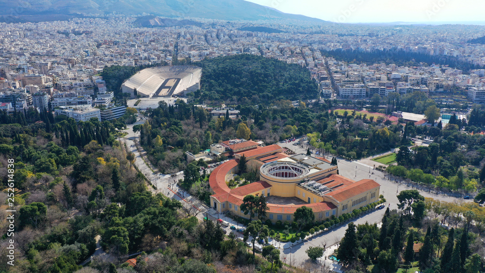 Aerial birds eye view photo taken by drone of iconic public Zappeio hall used for events , Athens historic centre, Attica, Greece