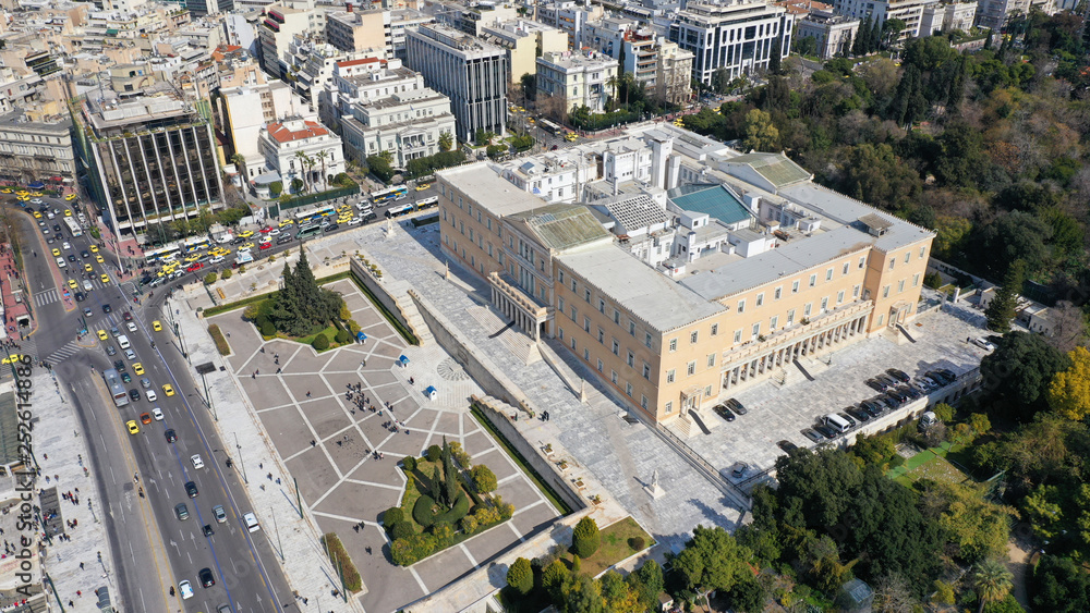 Fototapeta premium Aerial drone photo of iconic Greek Parliament in Syntagma square, Athens historic centre, Attica, Greece