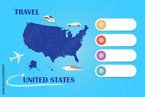 Travel United States template vector for travel agencies etc. Vector showing the plane, car, train and ship approaching the blind map of USA. Four blank labels are ready for your text.