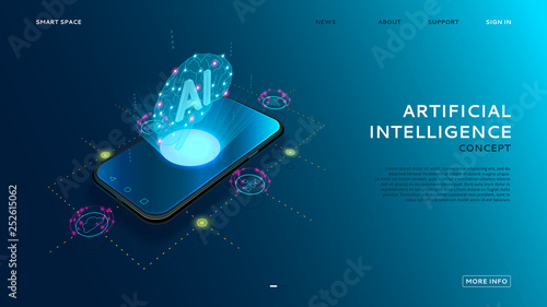 Artificial intelligence modern concept. Ai hologram of digital brain controls app on smartphone. Internet of things technology. Vector illustration.