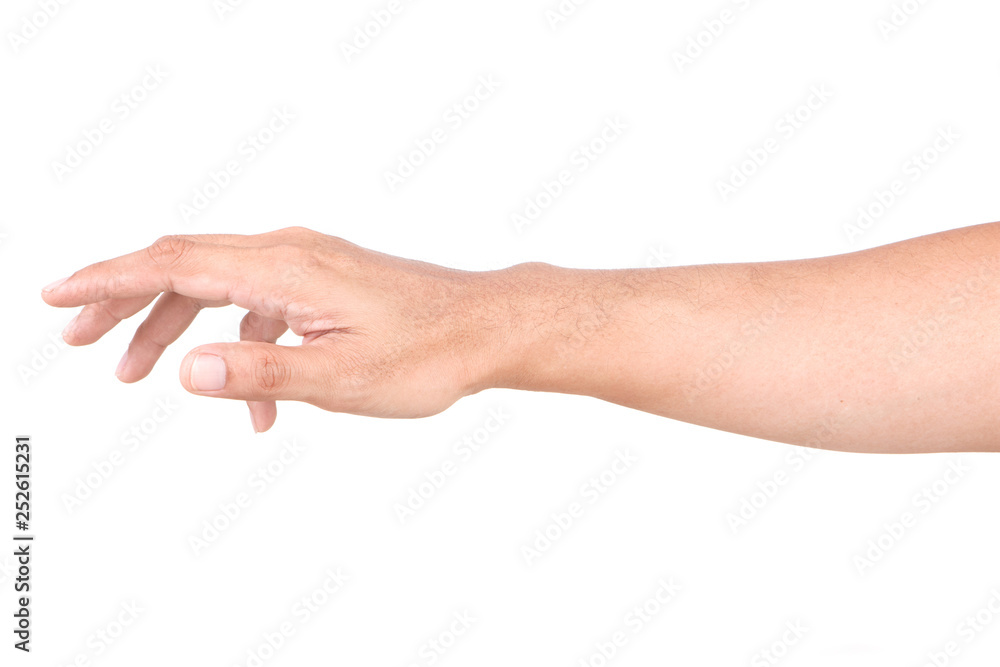 Male Caucasian hand gestures isolated over the white background.