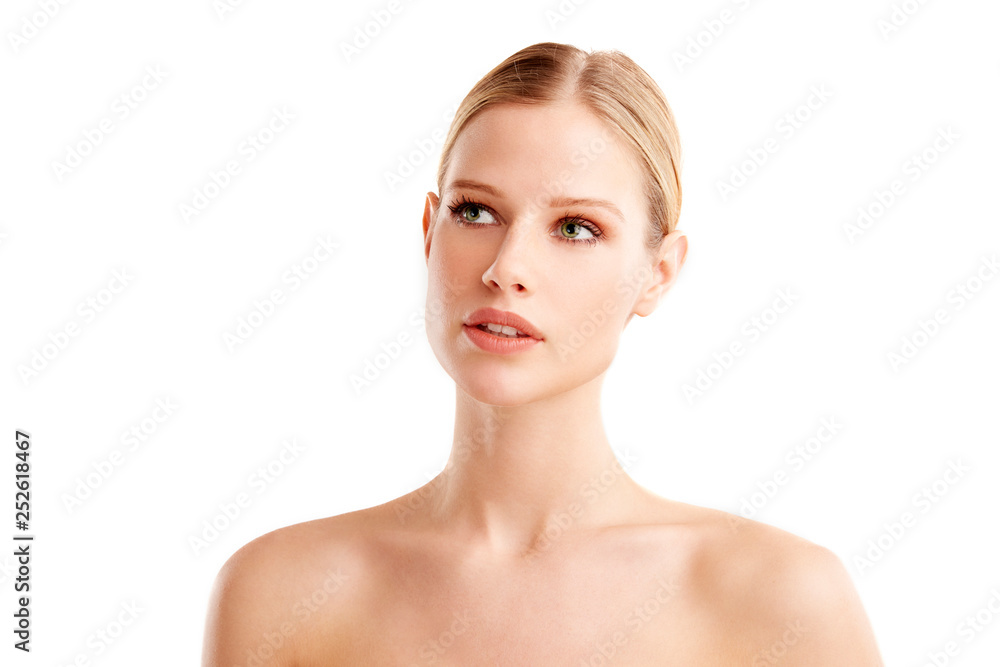 Close-up beauty portrait of a beautiful young woman posing at isolated white background Close-up beauty portrait of a beautiful young woman posing at isolated white background