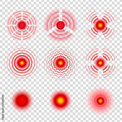Pain circle symbols. Painkiller remedy spots icons, painful target red radial vector signs set