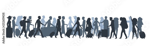 Travel people silhouette. Family tourists shopping with large bags  business person with suitcase luggage. Vector walking people set