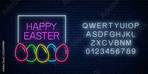 Happy easter glowing signboard with eggs and lettering in neon style with alphabet. Easter funny greeting banner.