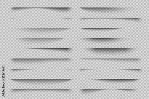 Paper shadow effect. Transparent page divider realistic shadows, website panel tabs, banner vector shadow templates