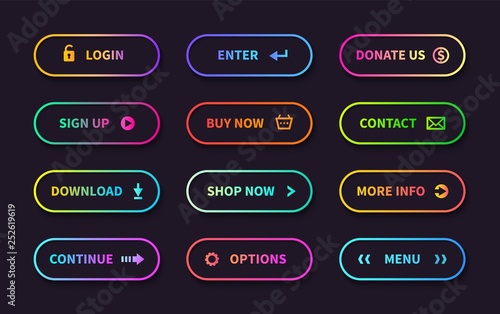 Gradient action buttons. Flat web submit form, modern transition sign, game navigation ui design element. Vector gradient button set