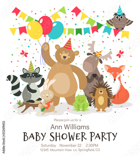 Happy birthday animals poster. Woodland forest animal baby shower kids invitation vintage vector card designs