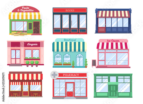 Shop flat buildings. Modern store facade cartoon boutique street building storefront restaurant houses. Shopping vector isolated set