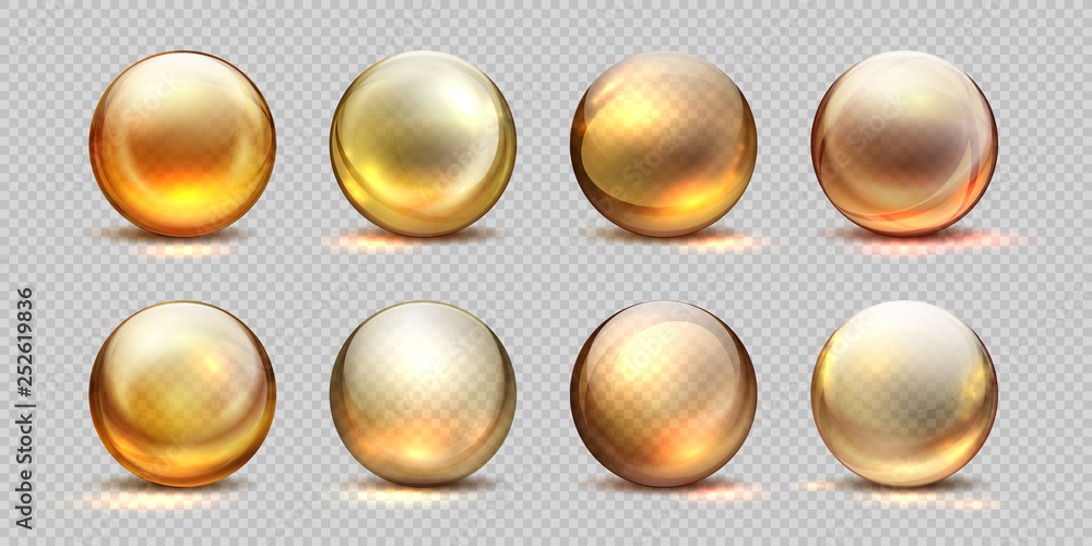Collagen golden balls. Realistic cosmetic oil, liquid serum drop, transparent isolated 3D pills. Vector yellow collagen drops set Collagen golden balls. Realistic cosmetic oil, liquid serum drop, transparent isolated 3D pills. Vector yellow collagen drops set